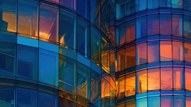 Curving building with vibrant orange and blue glass window reflections