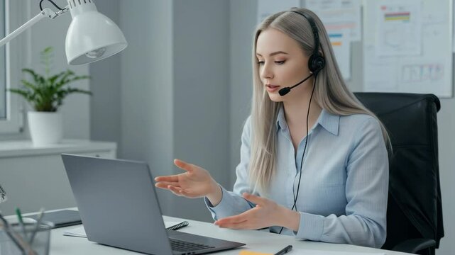Woman Communicating Online Using Laptop and Headset for Remote Work