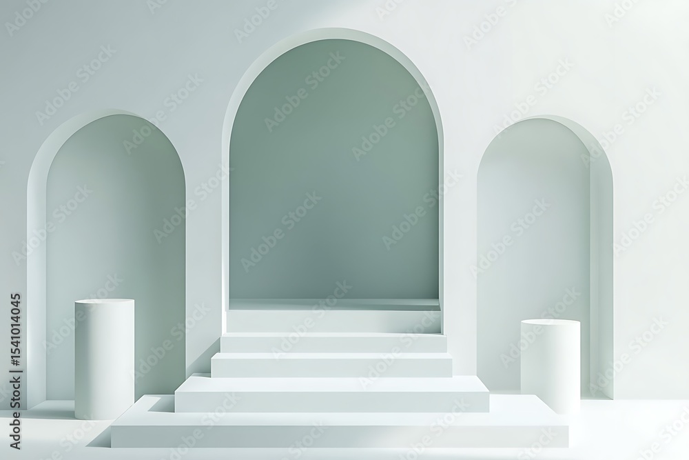 Poster abstract minimal scene with arch and stairs. 3d render illustration.