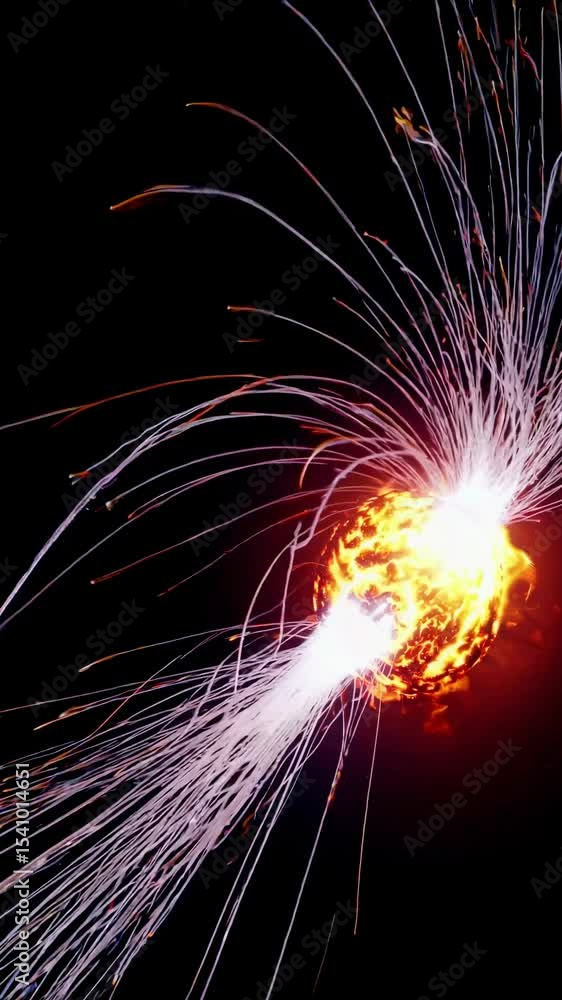 Poster dynamic video concept of a fiery orb with sparks, captured from a low angle against a dark backgroun