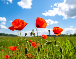 Obraz premium Vibrant red poppies blooming in a wide open field under a bright summer sun, deep blue sky