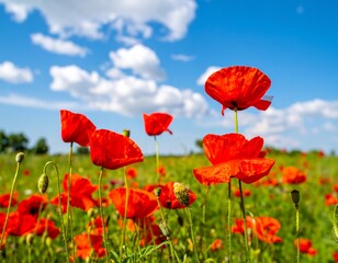 Obraz premium Vibrant red poppies blooming in a wide open field under a bright summer sun, deep blue sky