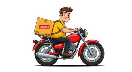 Cartoon illustration of an adult male delivery worker on a motorbike, holding a delivery box, smiling, isolated on white background.