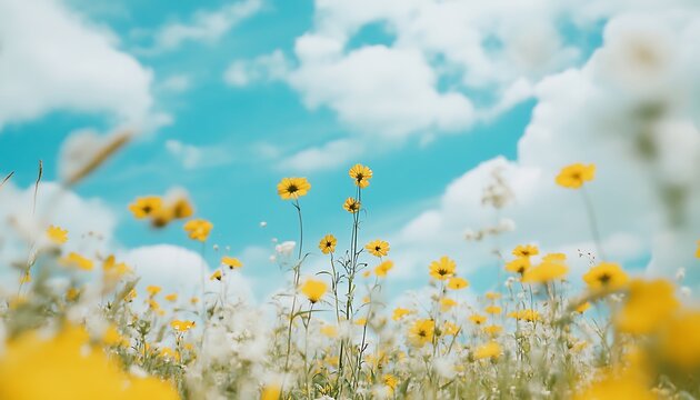 Beautiful yellow flowers and blue sky with white clouds, vintage style - Powered by Adobe
