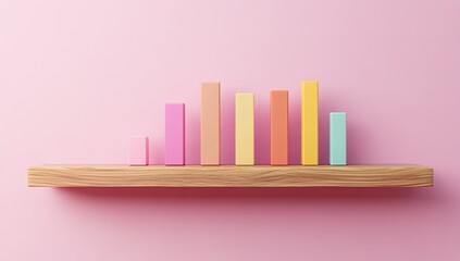 Colorful bar graph on light wooden shelf against a pastel pink wall
