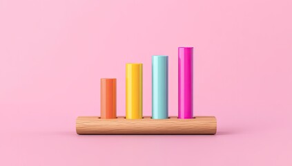 Colorful bar graph on a wooden stand against a pink background
