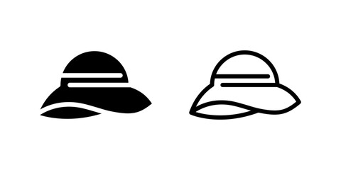 Sun Hat Icon Set. A black icon of a sun hat, representing sun protection.