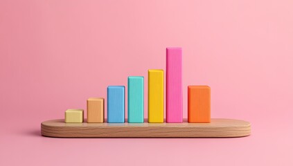 Colorful bar graph on a wooden platform against a pastel pink background