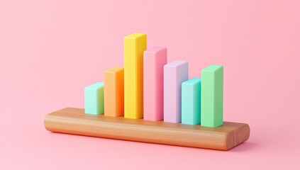 Colorful bar graph on a wooden base, pastel colors against a pastel pink background