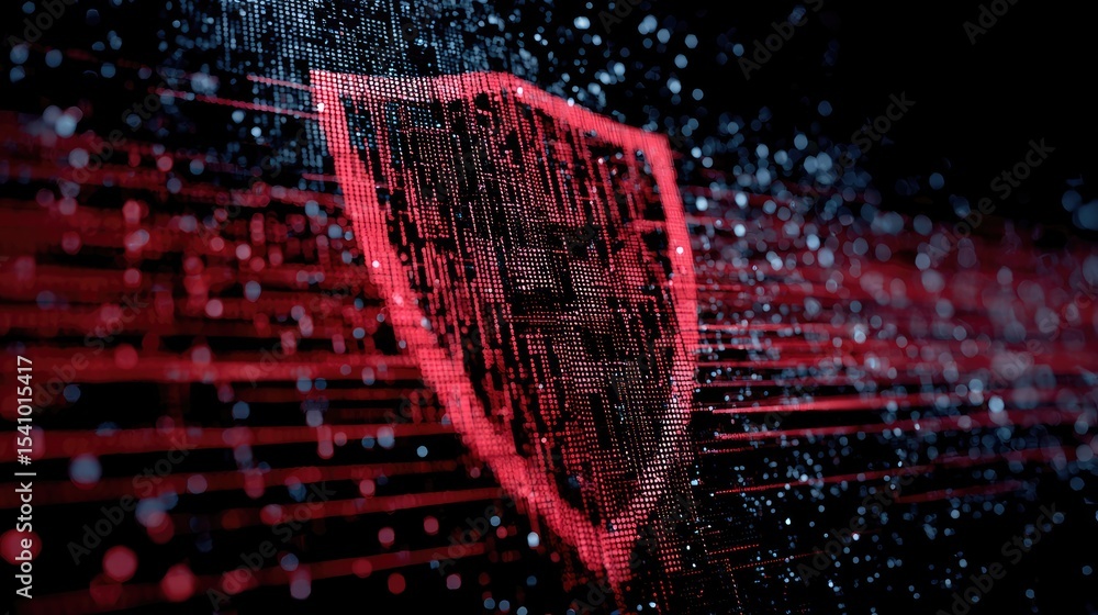Poster cybersecurity shield logo with pixelated texture and circuit line design