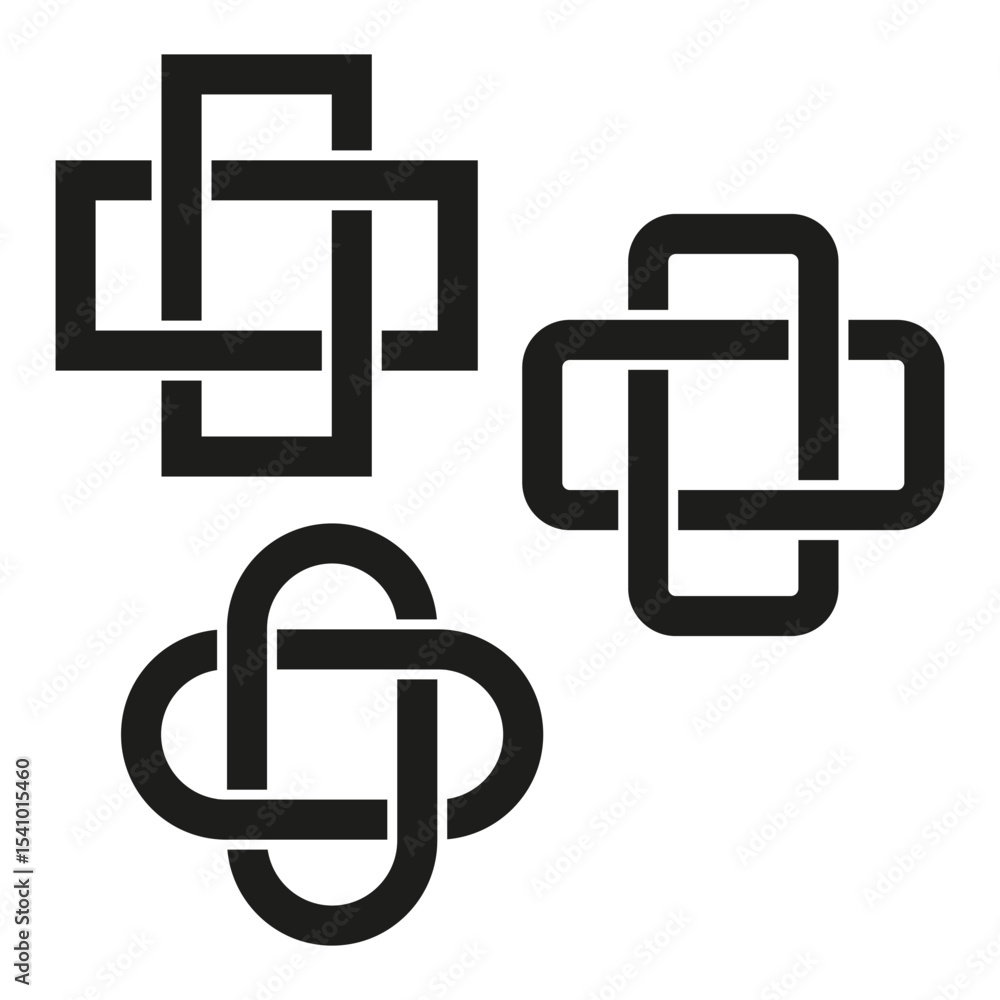 Poster intertwined square icons. loop knot shapes. vector minimal symbols. black graphic form.