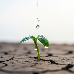 Close-up of raindrops falling on a small green plant growing from cracked soil, symbolizing environmental renewal and climate change