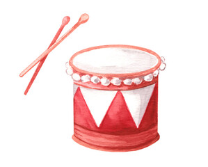 Watercolor illustration of circus vintage drum with sticks isolated on white background. Bright children's toy