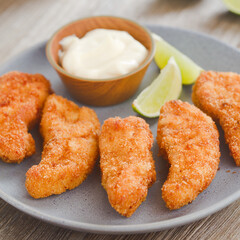 Homemade crispy fried breaded fish sticks or fish fingers made from self-caught triggerfish fillet, served on plate with mayonnaise and lime slices (Selective Focus, Focus one third into the image)