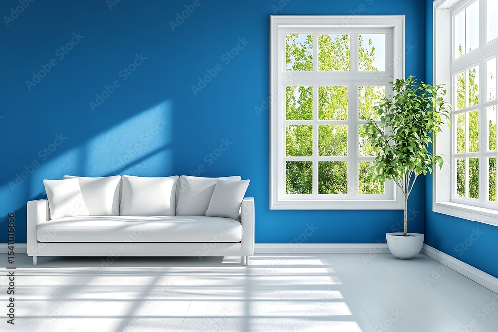 Poster blue empty room with window and parquet floor. 3d rendering
