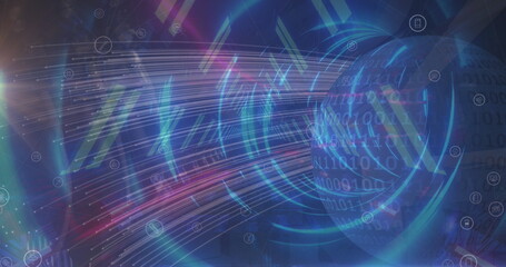 Streaming data streams to glowing sphere in network with binary code, network icons, copy space