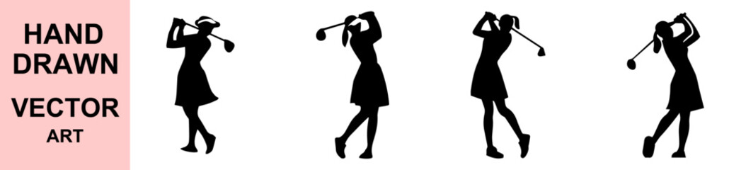 Fototapeta premium Hand drawn female golfer silhouette swinging golf club illustration vector set for sports, hobby, outdoor activity, fitness, motion, and lifestyle themes.