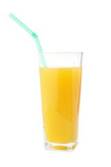 Tasty mango juice in glass with straw isolated on white