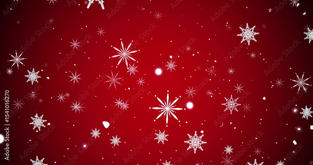 Aufkleber floating white snowflake shapes over red backdrop, showing light spots and particle fragments