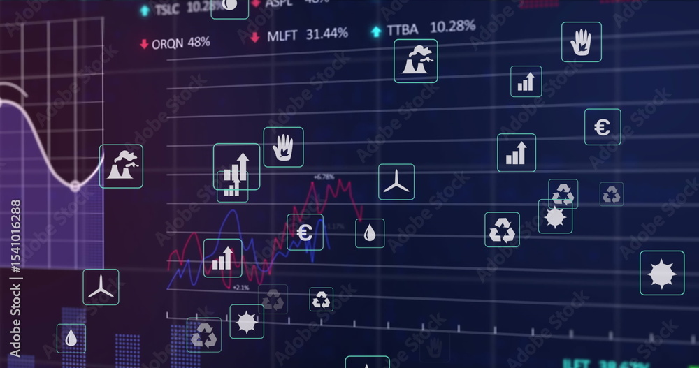 Poster Displaying data dashboard on console, with wind turbine, factory, line graphs and numeric labels