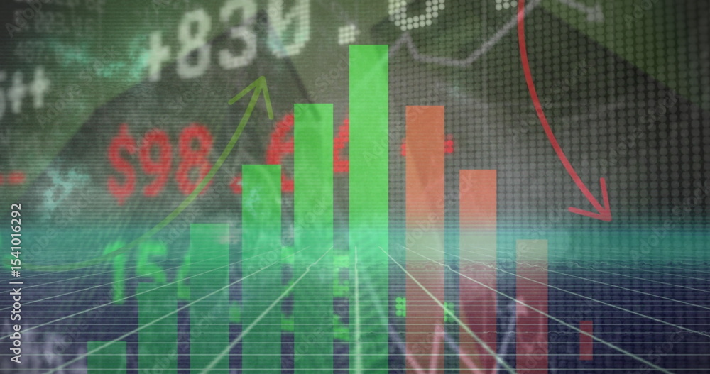 Aufkleber 3d bar chart cluster rising then falling on grid plane, with dollar, numeric and arrow overlays