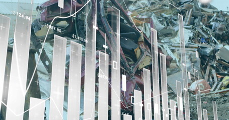 Displaying scrap metal pieces piling up in recycling yard, with candlestick charts, price overlays