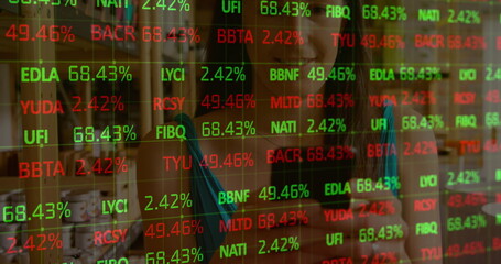 Asian woman in sleeveless teal top using transparent ticker screen analyzing stock codes at cafe