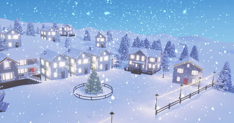 Shining snowy houses surrounding decorated Christmas tree at village square, with string lights