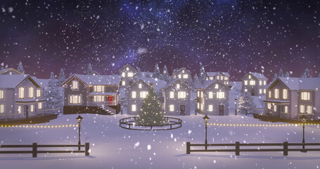 Standing Christmas tree glowing in village square at night, with fences with lights and lampposts