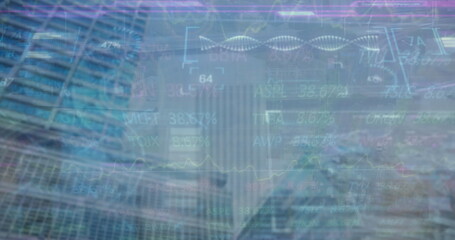 Displaying glass skyscrapers merging at urban financial hub, with stock tickers and line graphs