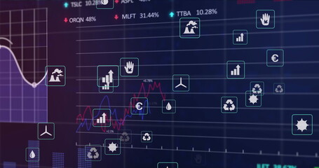 Displaying data dashboard on console, with wind turbine, factory, line graphs and numeric labels