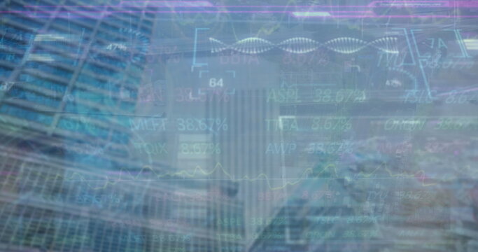 Displaying glass skyscrapers merging at urban financial hub, with stock tickers and line graphs