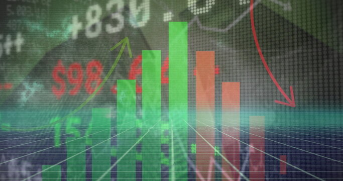 3D bar chart cluster rising then falling on grid plane, with dollar, numeric and arrow overlays