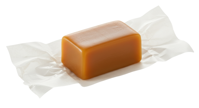 Single Caramel Candy Wrapped in Crumpled Parchment Paper