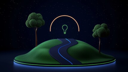 A conceptual landscape with a road leading to a lightbulb representing a path to innovation.
