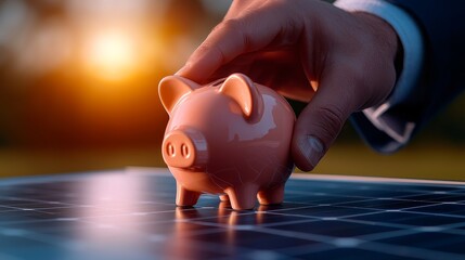 A hand place a piggy bank on a solar panel symbolizing investment in renewable energy.
