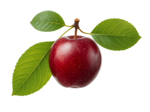 dark red plum with green leaves, photographed from a lower front angle, white background,juicy,plum,autumn