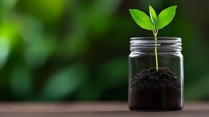 A young plant is germinating from rich soil inside a glass container representing new life.