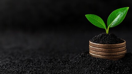 A young plant is growing from a stack of currency representing investment and financial growth.