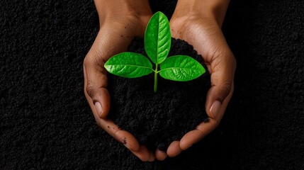 Close up of a sprout in cupped hand on soil representing growth and environmental care.