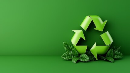 Concept image displaying a green recycling emblem with foliage representing environmental awareness and a sustainable future.