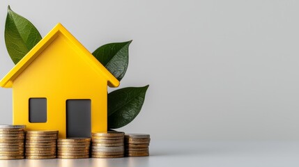 Concept of a yellow miniature home model with coin and foliage showcasing financial growth.