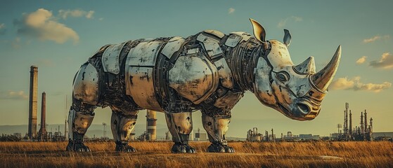 A robotic rhino with AIenhanced horns that absorb CO, roaming industrial zones, CEOs sponsoring them as mascots