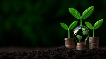 Concept showing a plant and earth in a bulb idea for ecology and finance.