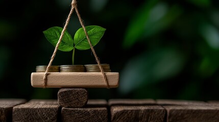 Concept showing a young plant growing from a pile of coin symbolizing investment and financial growth.