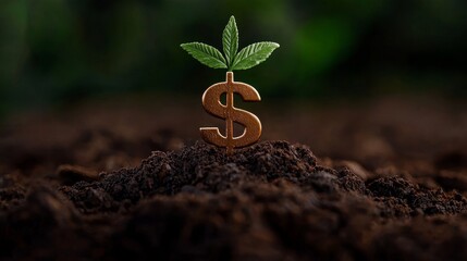 Concept showing financial growth with a plant growing from a dollar symbol in soil.