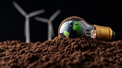 Concept showing earth inside a bulb with wind turbine representing sustainable power source.
