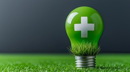 Conceptual image of a green light bulb with a plus symbol and grass symbolizing eco friendly energy.