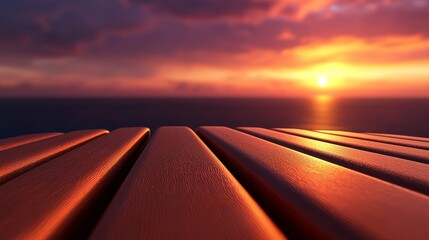 Dramatic sunset view over the water from a wooden surface creates a tranquil atmosphere.
