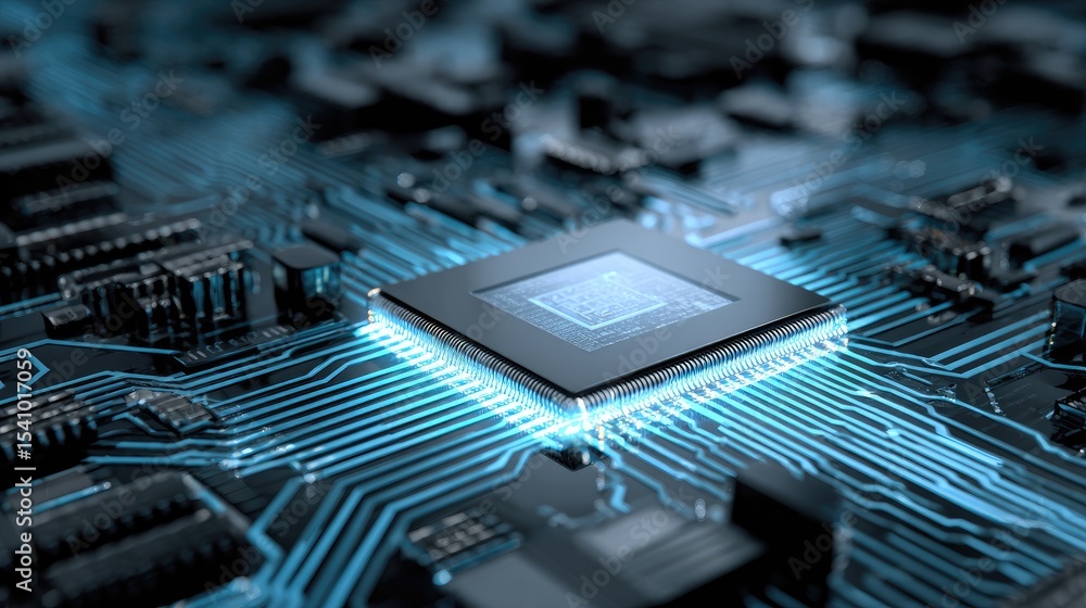 Poster futuristic circuit board design glowing with neon blue lines and microchips representing advanced te